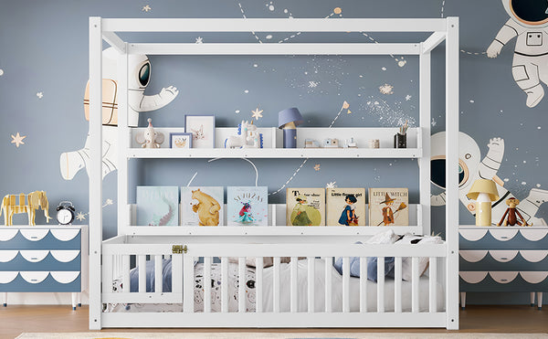 English Elm Twin House Floor Bed with Door and Full-Length Guardrails, Solid Wood Double Twin Floor Bed for Kids' Playful Rooms Light White W1580P359327