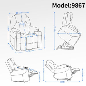 English Elm Up to 350 Lbs Chenille Power Lift Recliner with Massage Heating and Usb Charging Ports Blue W3224S00002