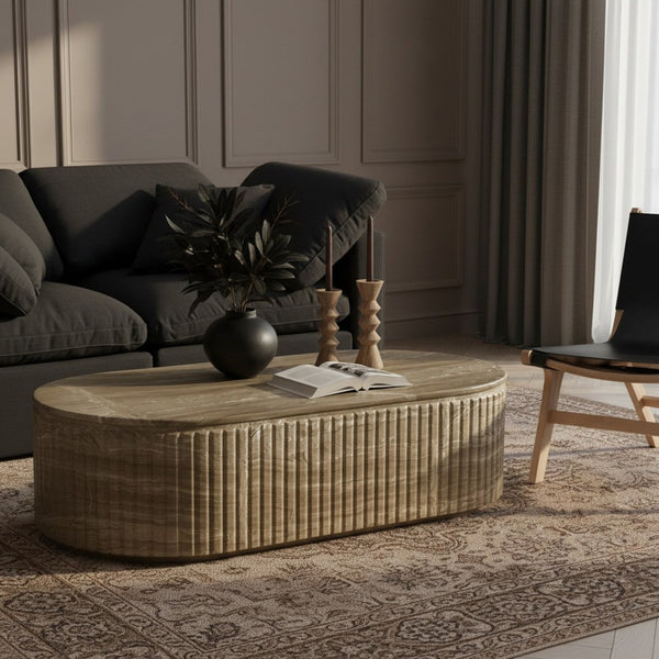 Meridian Furniture Catania Fluted Concrete Coffee Table with Art Deco Sculptural Design for Indoor Outdoor Use Beige 874Beige-CT