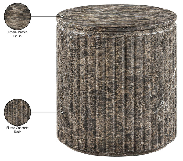 Meridian Furniture Catania Fluted Concrete End Table Art Deco Sculptural Accent for Indoor Outdoor Use Brown 874Brown-ET