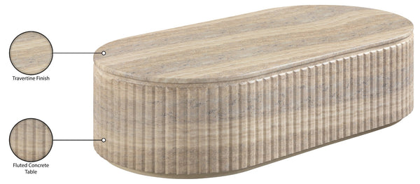 Meridian Furniture Catania Fluted Concrete Coffee Table with Art Deco Sculptural Design for Indoor Outdoor Use Travertine 874Travertine-CT
