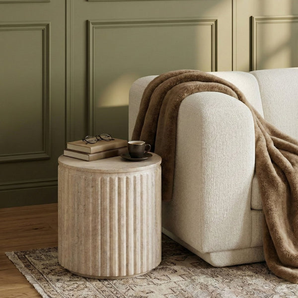 Meridian Furniture Catania Fluted Concrete End Table Art Deco Sculptural Accent for Indoor Outdoor Use Travertine 874Travertine-ET