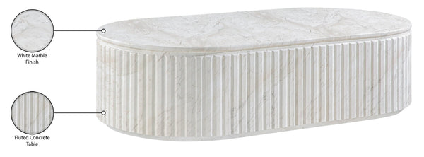 Meridian Furniture Catania Fluted Concrete Coffee Table with Art Deco Sculptural Design for Indoor Outdoor Use White 874White-CT
