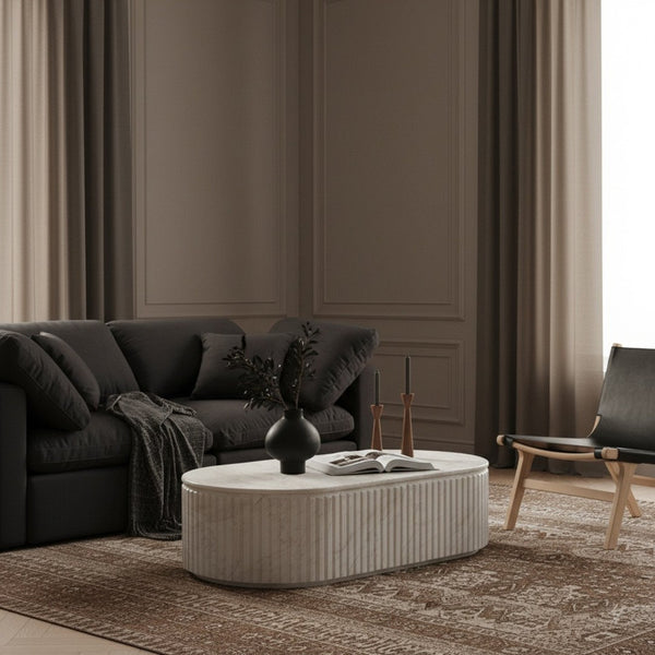 Meridian Furniture Catania Fluted Concrete Coffee Table with Art Deco Sculptural Design for Indoor Outdoor Use White 874White-CT
