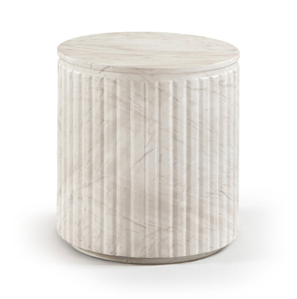 Meridian Furniture Catania Fluted Concrete End Table Art Deco Sculptural Accent for Indoor Outdoor Use White 874White-ET