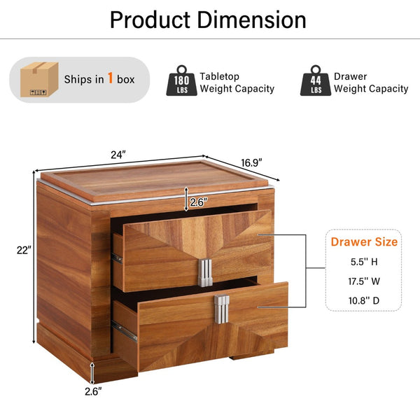 English Elm Mid-century Modern Nightstand with Diamond Geometric Drawers and Heavy Duty Wood Base Light Brown N761P324094M