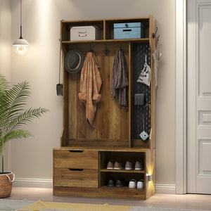 English Elm Hall Tree Entryway Organizer with 6 Hooks, Storage Bench & Open Shelves for Shoes and Coats Brown 58.46 L x 21.85 W x 6.5 H W1321P190219