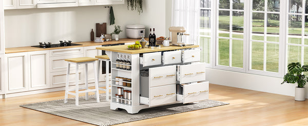 English Elm K&K Rustic Kitchen Island Cart with 6 Drawers, Pull-Out Trash Cabinet, Drop Leaf & Built-In Charging Station White N707P307292W