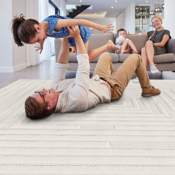 English Elm Step Collection Geometric High-low Polypropylene Rug for Living Room or Bedroom Cream B189P448805