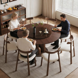 English Elm 59-inch Solid Oak Round Dining Set Wabi-sabi Sculpted Table Eight Chairs Lazy Susan W2700S00138