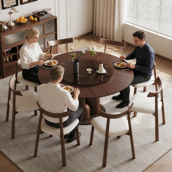 English Elm 59-inch Solid Oak Round Dining Set Wabi-sabi Sculpted Table Eight Chairs Lazy Susan W2700S00138