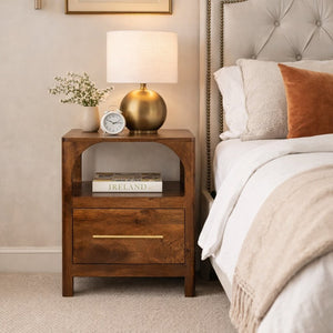 English Elm Solid Mango Wood Floating Nightstand Brass Sunburst Drawer Open Shelf Bedroom B182P476853