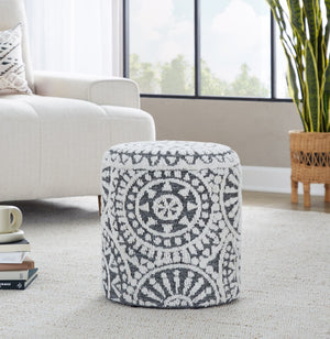 English Elm Wood Lidded Storage Ottoman Handwoven Wool Artisan Texture for Bohemian Living Spaces Black,Ivory B202P471518