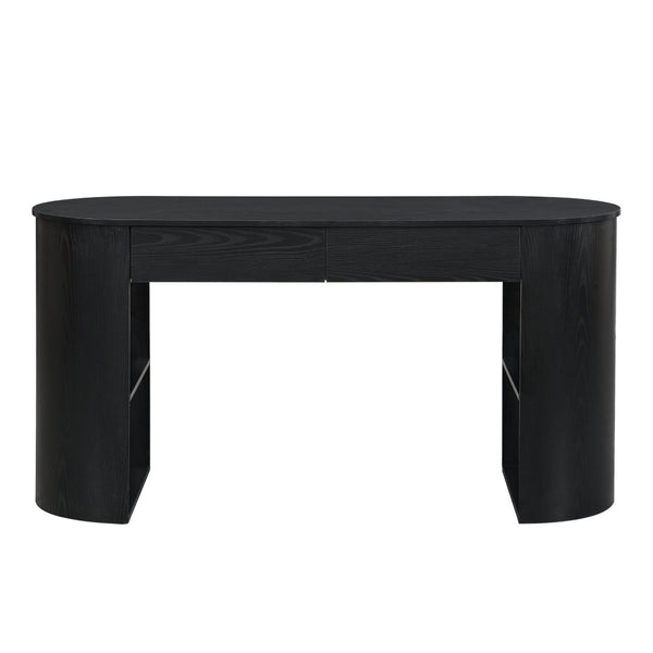 English Elm Storage Writing Desk with Curved Base Open Shelves and Drawers for Home Office Black N757P306285B