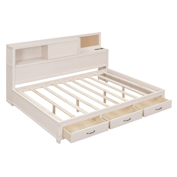 English Elm Full Size Gray Wood Daybed with Storage Drawers Shelf Usb Charging Upholstered Back LP002025AAK-1