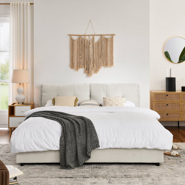 English Elm King Size Upholstered Hydraulic Platform Bed With Storage, Integrated Headboard - Soft Beige Elegance W1413S00062