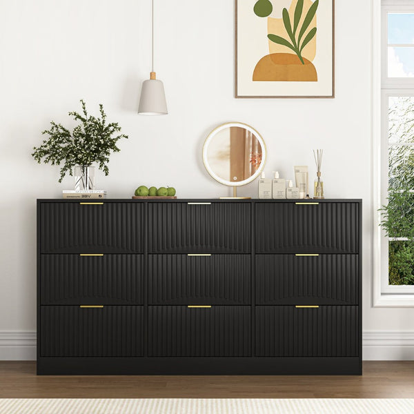 English Elm Black Nine Drawer Wide Dresser Matte Wood Chest with Wavy Relief Panels Bedroom Storage Black W409P307541