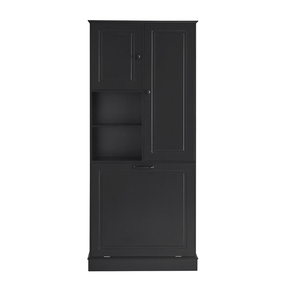 English Elm Tall Storage Cabinet with Flip-Out Basket, Adjustable Shelves & Aluminum Handles for Organized Living Black N725P322739B