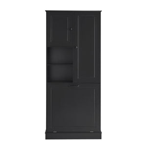 English Elm Tall Storage Cabinet with Flip-Out Basket, Adjustable Shelves & Aluminum Handles for Organized Living Black N725P322739B