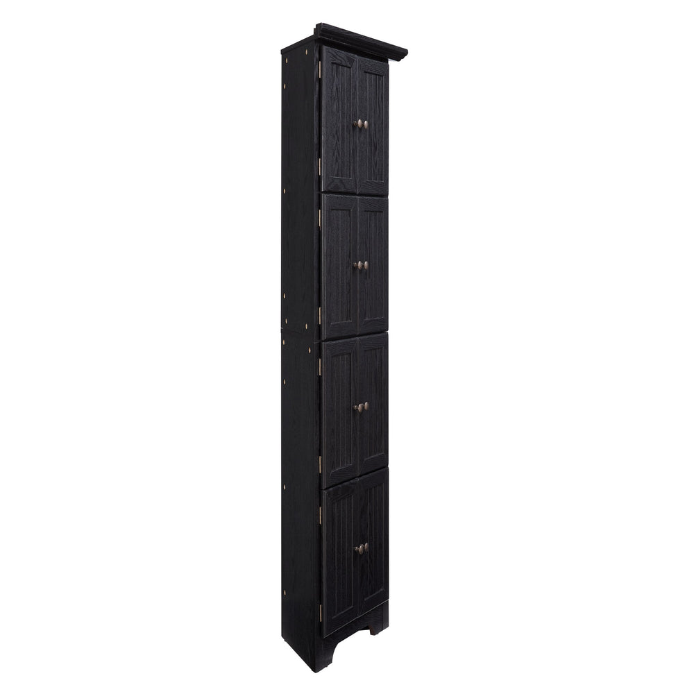 English Elm 4-Tier 8 Doors Tall Storage Cabinet with Vintage Metal Handles, Oak Finish Large Pantry Organizer for Entryway Black W2275P292653