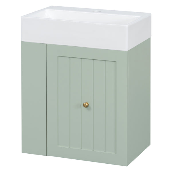 English Elm 20-Inch Compact Bathroom Vanity with Ceramic Sink, Wall-Mounted MDF Cabinet, Modern Space-Saver Design Green N725P314023F