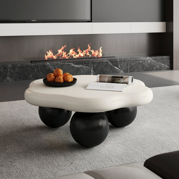 English Elm 35" Cloud Shaped Mdf Coffee Table Sculptural Round Top with Spherical Legs for Modern Living Black White W1435S00028