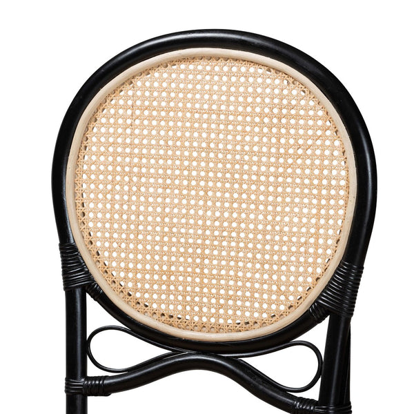 English Elm Mid-century Woven Rattan Dining Chair with Circular Back and Black Lacquered Legs B2750P467659