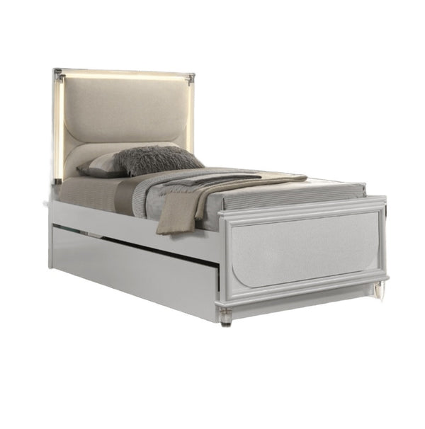 English Elm Contemporary Glam Pearl White Upholstered Full Bed With Led Trundle & Embossed Panels, Stylish Design B2741S00383