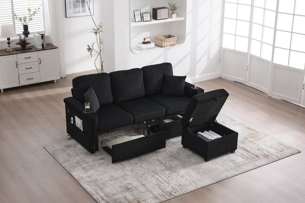 English Elm UNITED Corduroy L-Shaped Sectional Sofa with Storage Ottoman, USB Ports, Cup Holders & LED Lighting Black W1568P332409