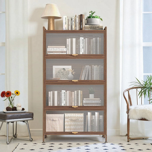 English Elm 57'' Tall Metal 4 Flip Doors Cabinet Walnut - Durable Steel, Space-Saving 4-Tier Storage for Home & Office W3387P363520