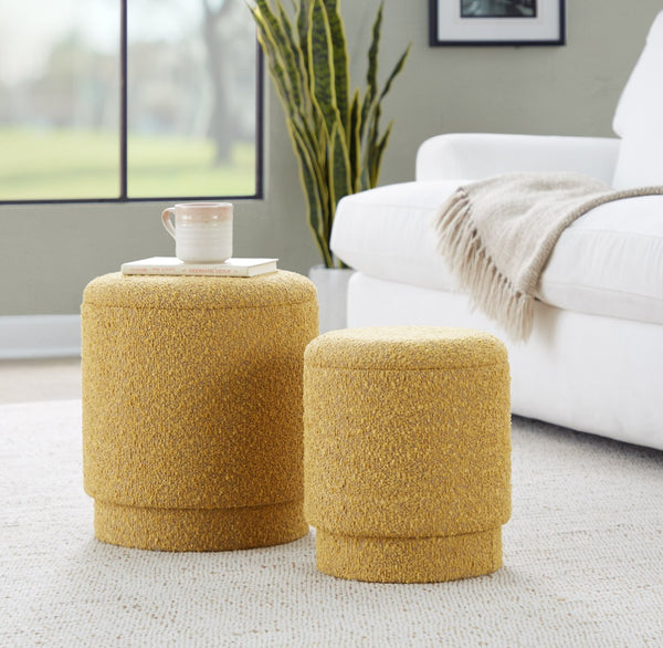English Elm Ottoman Set Nesting Storage Cubes Upholstered in Rich Fabric for Modern Living Spaces Yellow B202P471504