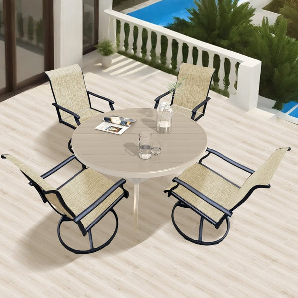 English Elm Outdoor Round Patio Dining Set Seats Four with Swivel Mesh Chairs and Umbrella Table W213S00059