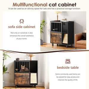 English Elm Cat Feeding Station with Lockable Storage Scratching Board and Elevated Steel Bowls W1687P232351