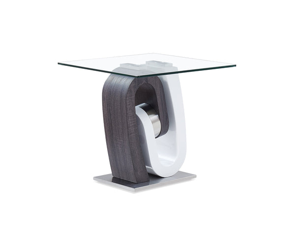English Elm ROCKY Two-Tone End Table with Tempered Clear Glass Top, White & Gray Solid Wood Pedestal Base — Stylish Seating-Side Accent B201S00070