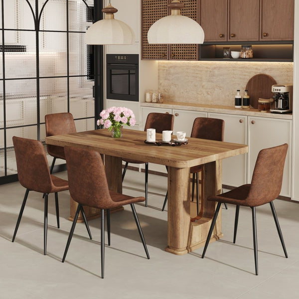 English Elm Table and Chair Set Seats Six with Wood Grain Top and Upholstered Brown W1151S03575