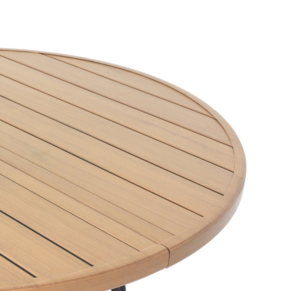 English Elm 5-piece Outdoor Dining Set Round Slatted Table with Umbrella Hole and Stackable Chairs Black+Natural W3979S00050