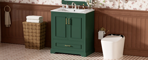 English Elm 30" Modern Bathroom Vanity with Ceramic Sink, Soft-Close Doors, Divided Drawer & Dual Door Shelves Green N729P321376F