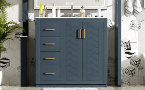 English Elm 36'' Bathroom Vanity with Ceramic Sink Combo, Solid Wood Frame, Soft-Close Drawers and Stylish Retro Groove Design Blue N710P291684C
