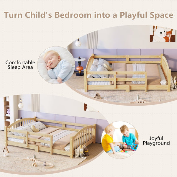 English Elm Twin Montessori Floor Bed Solid Pine Frame with Safety Guardrails for Kids Bedroom Natural N733P400298N