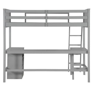English Elm Twin Loft Bed with Built-in Desk and Open Shelves Solid Pine Kids Study Sleep Gray LT001537AAE-1