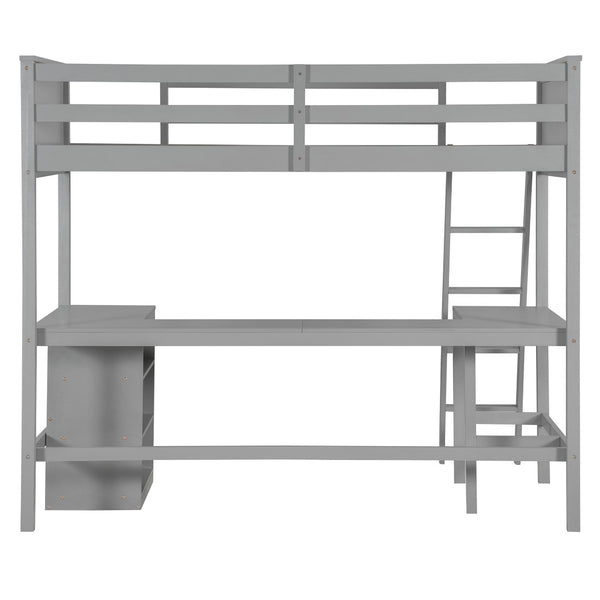 English Elm Twin Loft Bed with Built-in Desk and Open Shelves Solid Pine Kids Study Sleep Gray LT001537AAE-1