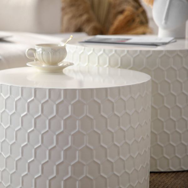 English Elm Stylish Honeycomb Nesting Coffee Tables Set — Modern Round Drum Design, Durable MDF, Space-Saving Pair Beige W757P206008