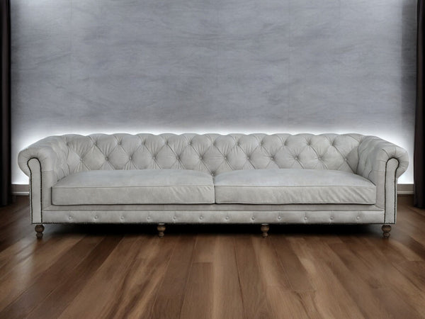 English Elm Ofer Vintage Antique White Top Grain Leather Sofa with Button Tufting, Nailhead Trim, Removable Covers B2726P407628