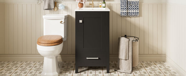 English Elm 18-Inch Modern Bathroom Vanity with Ceramic Sink, Soft-Close Doors, Divider Drawer & Adjusting Feet Black N729P334854B