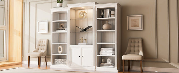 English Elm 78.75'' Retro Farmhouse 3-piece Wall Unit with Led Lighting Tempered Glass Shelves White SSN845P390190W