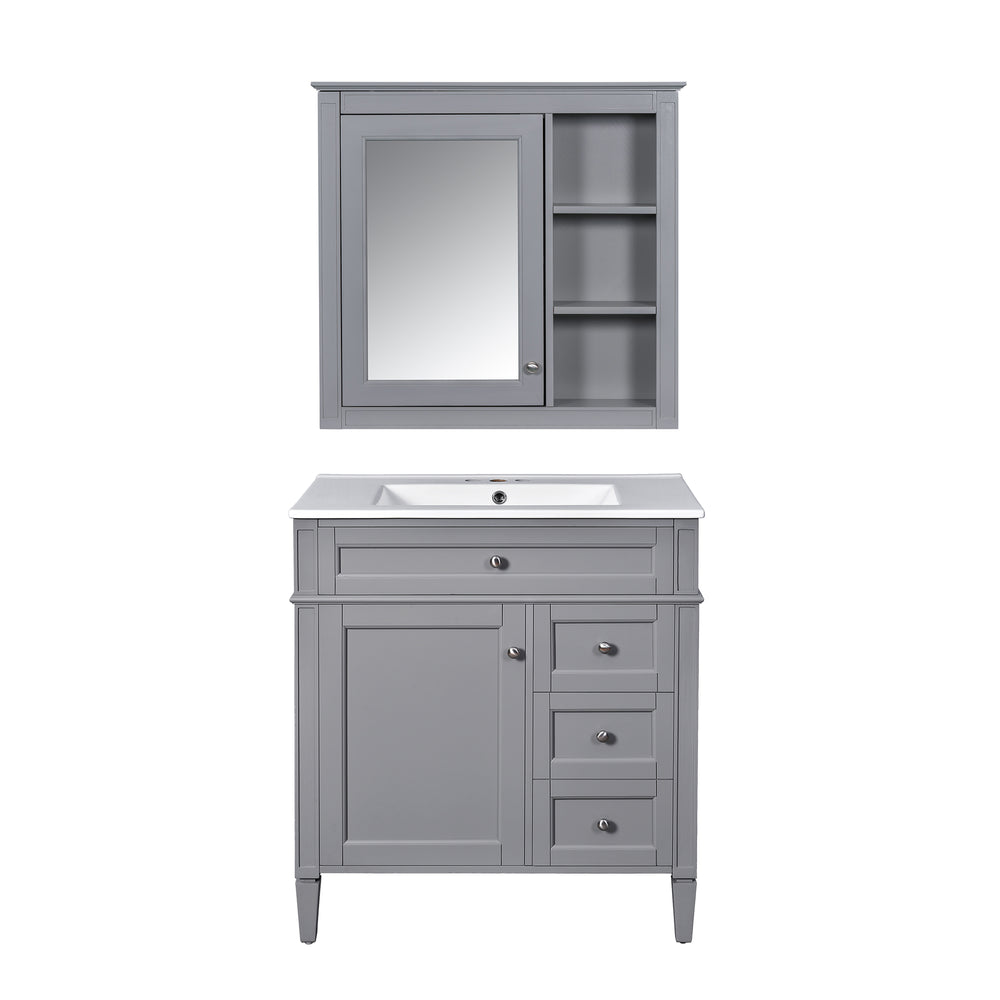 English Elm 30'' Modern Bathroom Vanity Set With Mirror, Stylish Freestanding Cabinet, Ample Storage & Sink SW000127AAE-1