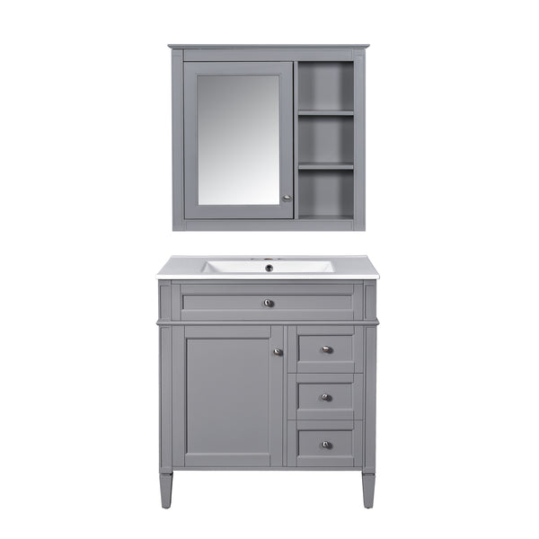 English Elm 30'' Modern Bathroom Vanity Set With Mirror, Stylish Freestanding Cabinet, Ample Storage & Sink SW000127AAE-1