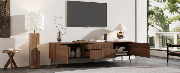 English Elm 70 Inch Fluted Entertainment Center Walnut Finish Solid Wood Legs Soft Close Storage N710P372539P