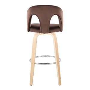 English Elm Fixed-height Swivel Barstools Velvet Seat Bentwood Legs Chrome Footrest Set of 2 B202S02154