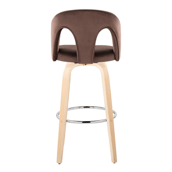 English Elm Fixed-height Swivel Barstools Velvet Seat Bentwood Legs Chrome Footrest Set of 2 B202S02154